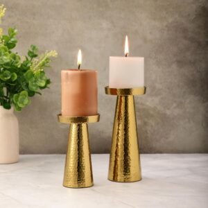dci luxury hammered gold pillar candle holders – set of 2 premium aluminium metallic stands