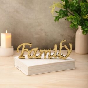 dci family cursive word art – compact gold aluminium decorative script, modern minimalist tabletop display