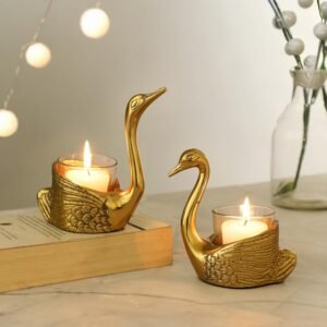 dci royal swan gold tea light holders (set of 2) – premium aluminium decorative bird figurines with glass cups for home, weddings & festive decor