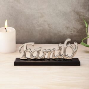 dci family word art tabletop sign – premium silver aluminium cursive sculpture on solid black wood base