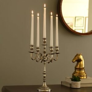 dci 5 arm aluminum taper candle holder – timeless polished metal symmetrical
