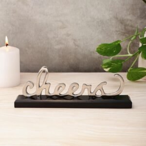 dci cheers word art tabletop sign – premium silver aluminium cursive sculpture on solid black wood base