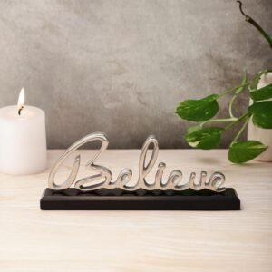 dci believe cursive word art – premium silver aluminium decorative script on solid black wood base