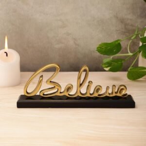 dci believe word art tabletop sign – premium gold aluminium cursive sculpture on solid black wood base