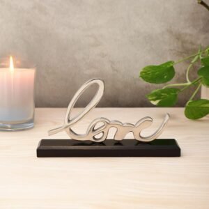 dci love word art tabletop sign – premium silver aluminium cursive sculpture on solid black wood base