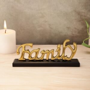 dci family word art tabletop sign – premium gold aluminium cursive sculpture on solid black wood base
