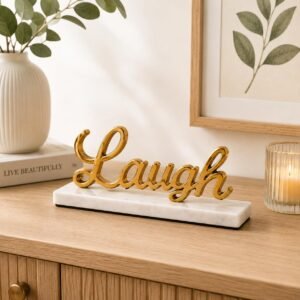 dci gold laugh word art sculpture with solid marble base – premium aluminium tabletop accent for luxury home decor