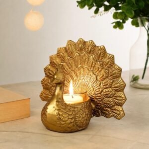 dci premium gold peacock tealight candle holder – ornate metallic bird figurine