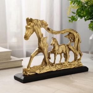 dci horse family tabletop sculpture – premium gold aluminium mare and foal figurine on solid black wood base