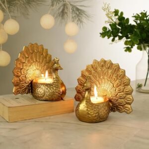 dci luxury golden peacock candle holder statues – contemporary tabletop bird sculptures for living room centerpiece & fine dining tablescapes