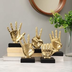 dci artistic hand gesture figurine set – 5 expressive polished gold aluminium sculptures on solid black wooden base
