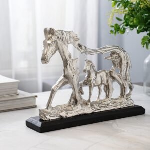 dci horse family tabletop sculpture – premium silver aluminium mare and foal figurine on solid black wood base