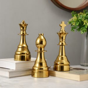 dci gold metallic chess piece figurines, decorative sculpture set, king queen bishop, home shelf and bar cart accent