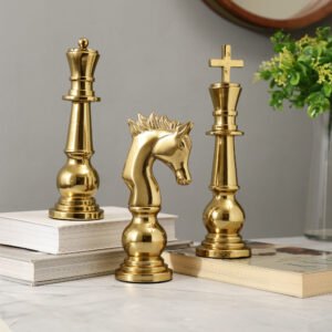 dci gold chess piece figurine set, king, queen and knight, luxury tabletop sculpture for home and office decor