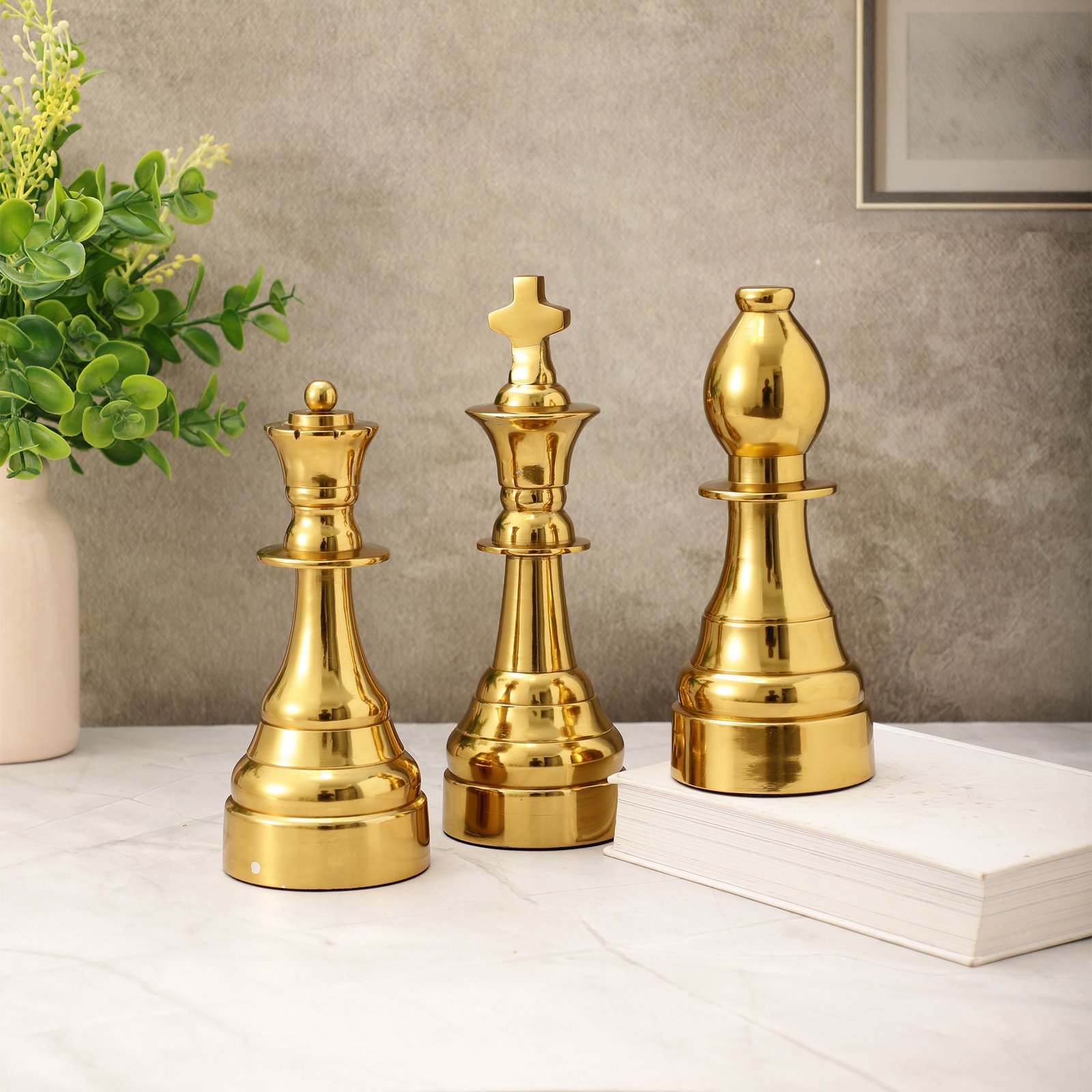 dci gold metallic chess piece figurines, decorative sculpture set, king queen bishop, home shelf and bar cart accent dci gold metallic chess piece figurines, decorative sculpture set, king queen bishop, home shelf and bar cart accent