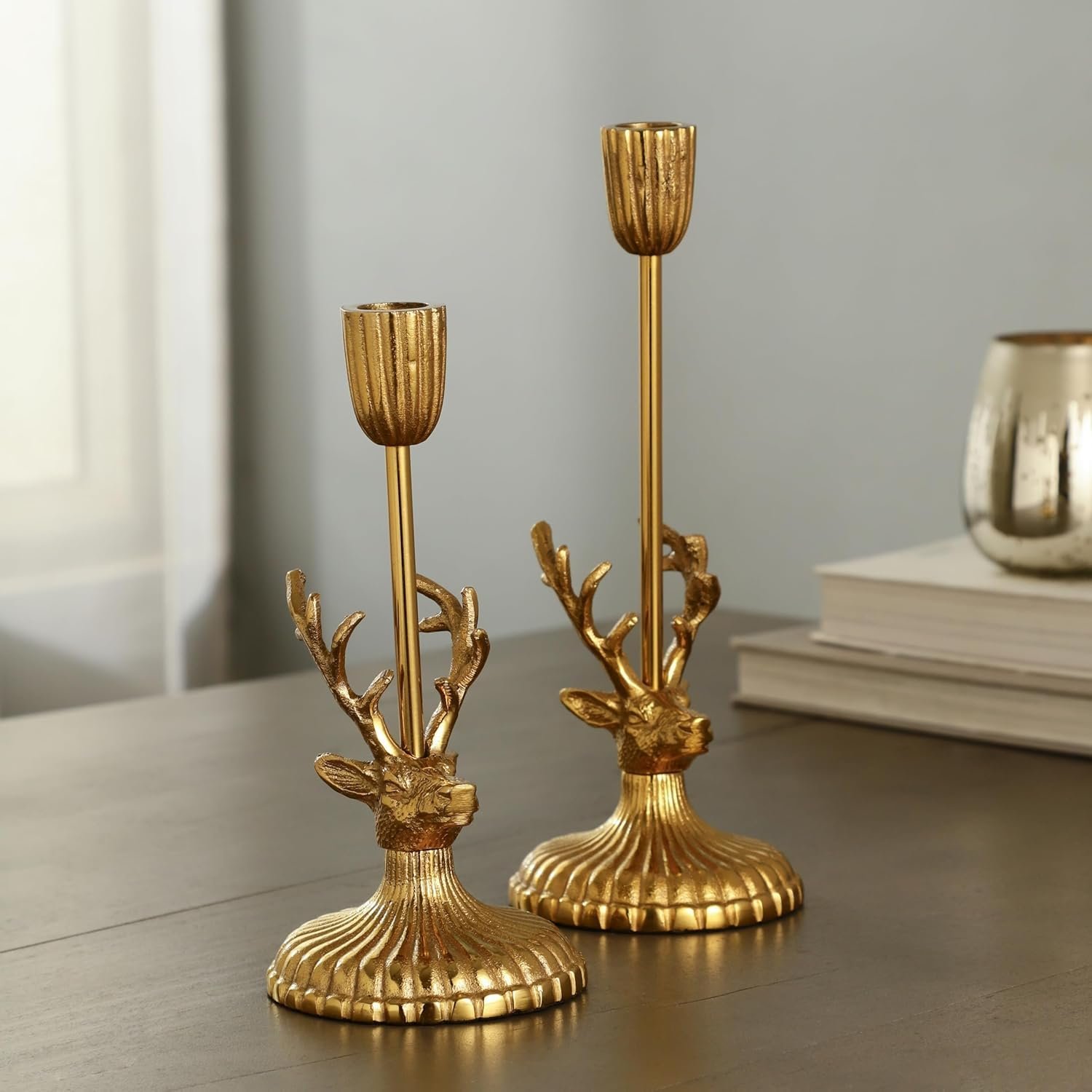 dci twin reindeer style candle holders – premium 27 cm gold aluminium antler candelabra sculpture, set of 2