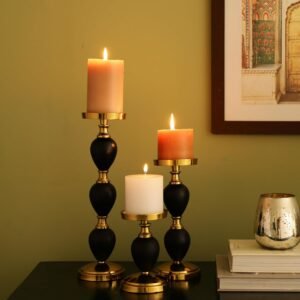 dci creative pillar candle holders – set of 3 graduated gold & black aluminium stand set