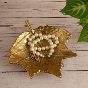 dci creative design golden platter bowl & serving tray – premium metallic leaf shaped decorative trinket dish