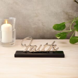 dci faith word art tabletop sign – premium chrome finish silver aluminium cursive sculpture on solid black wood base