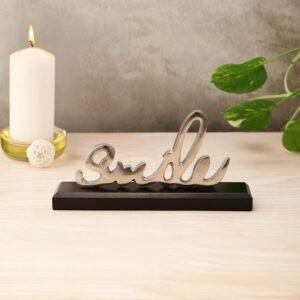 dci smile word art tabletop sign – premium silver aluminium cursive sculpture on solid black wood base