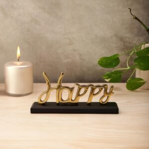 dci happy word art tabletop sign – premium gold aluminium cursive sculpture on solid black wood base