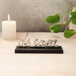 dci dream word art tabletop sign – large 48cm premium silver aluminium cursive sculpture on solid black wood base