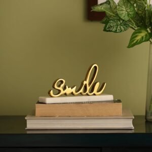 dci smile sign tabletop decor – premium gold plated metal cursive word art letter sculpture with solid white marble base