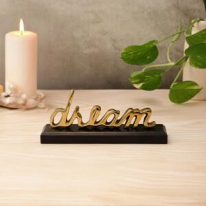 dci dream word art tabletop sign – premium gold aluminium cursive sculpture on solid black wood base
