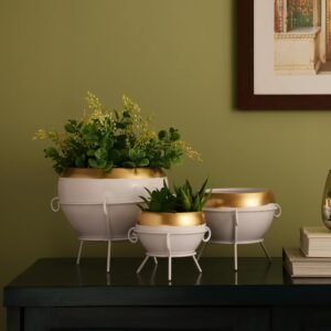 dci modern metal planter pots with tripod stands (set of 3 gold & white)