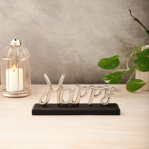 dci happy word art tabletop sign – premium silver aluminium cursive sculpture on solid black wood base