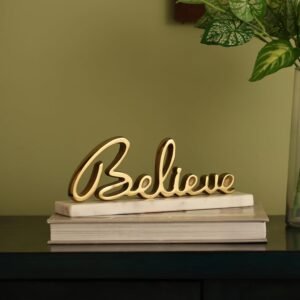 dci believe sign tabletop decor – grand 25.5 cm premium gold plated metal cursive word art letter sculpture with solid white marble base