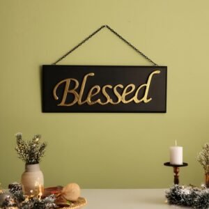 dci blessed wall decor sign board – grand 38 cm premium raised gold metal lettering on black wooden hanging plaque with metal chain