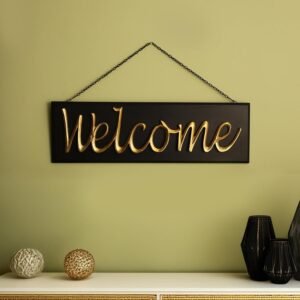 dci welcome wall decor sign board – massive 48 cm premium raised gold metal lettering on black wooden hanging plaque with metal chain