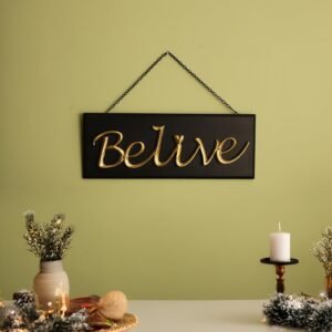 dci believe wall decor sign board – grand 38 cm premium raised gold metal lettering on black wooden hanging plaque with metal chain